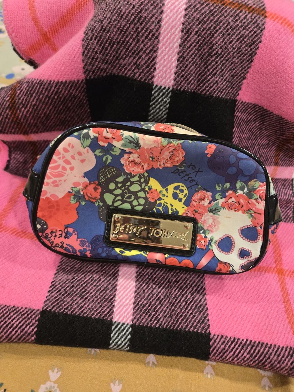 Betsey Johnson Cosmetic/Accessory Pouch With Skull & Floral Accents